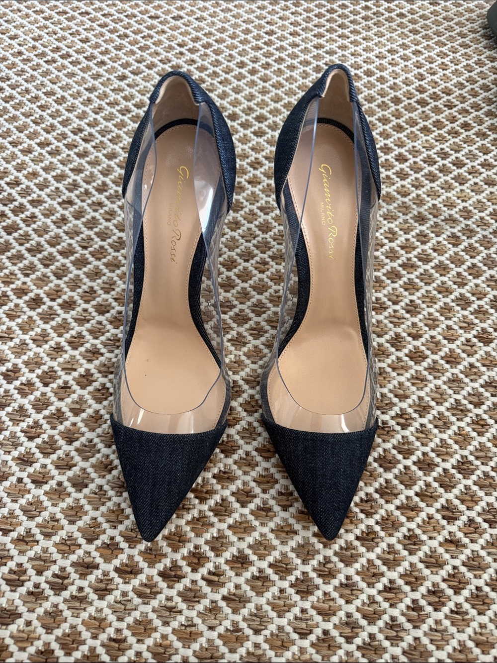 Gianvito Rossi Dark Blue Denim Pointed-Toe Pumps with Clear Sides